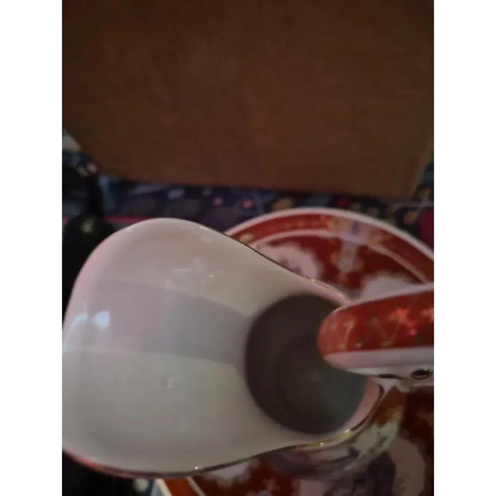 Vintage Fapodel Ceramic Pitcher And Bowl In Red And White Color With Gold Trim